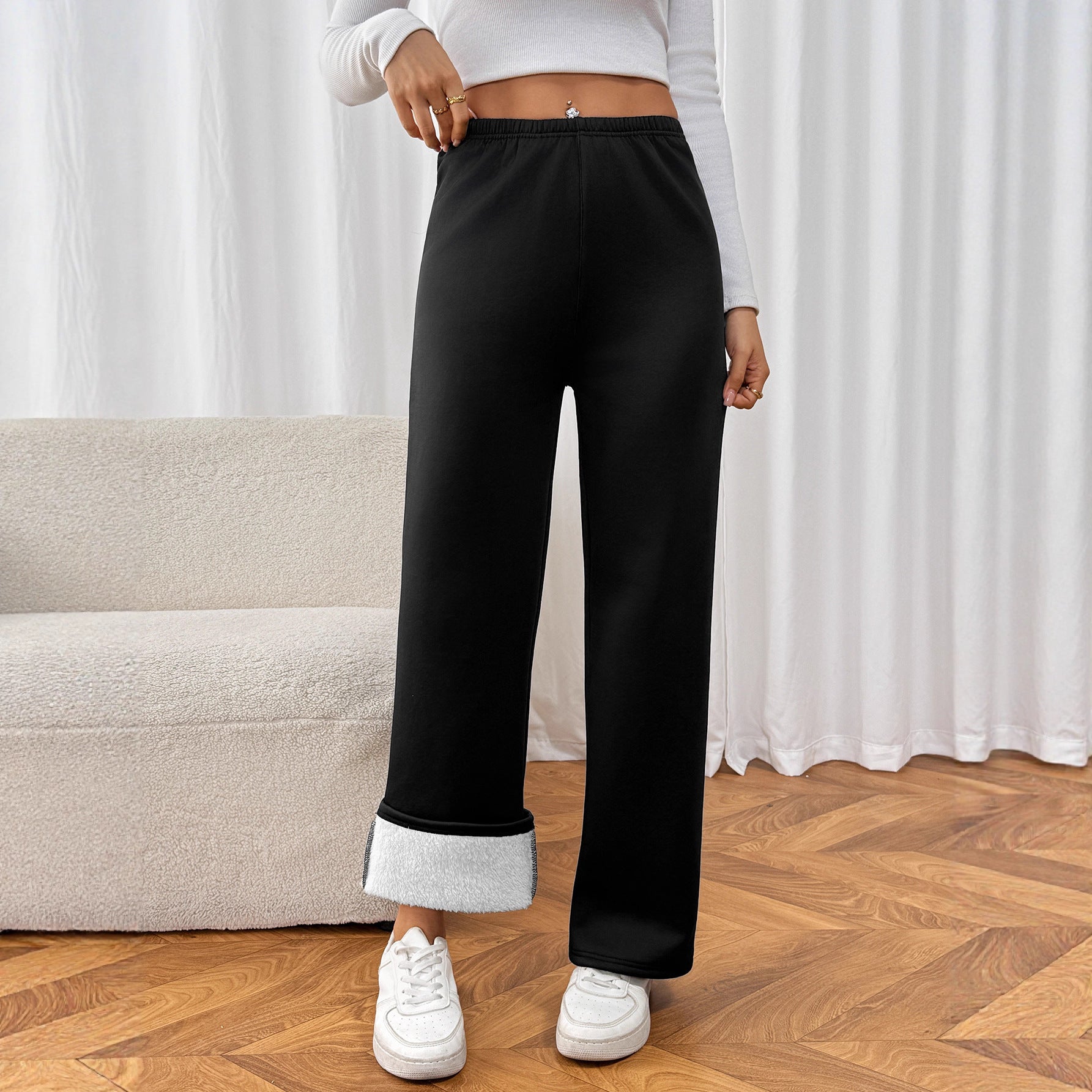 Black Lamb Velvet Wide Leg Mid Waist Warm Casual Pants