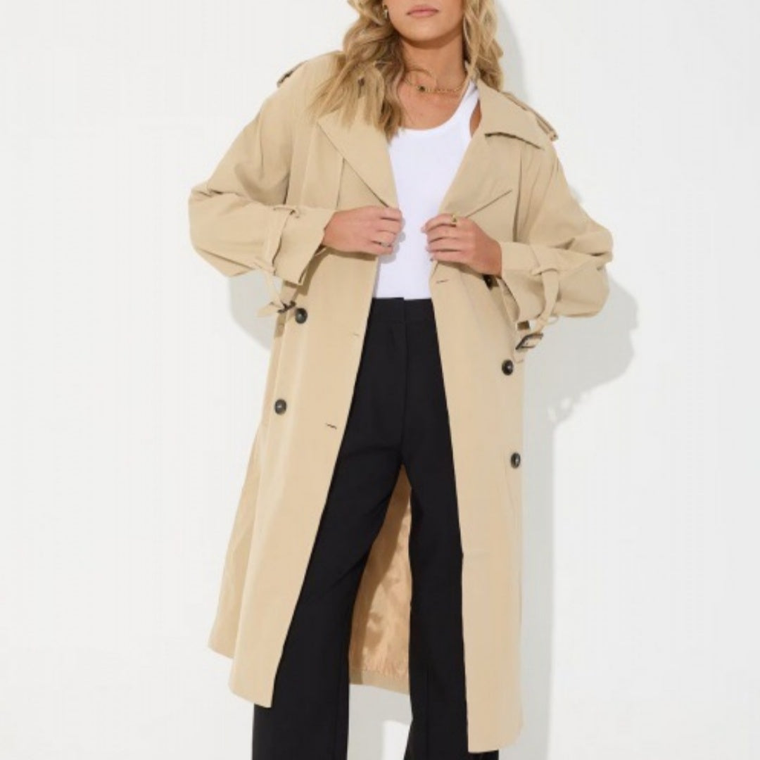 Casual Long Trench Coat With Classic Trench Fabric Finish