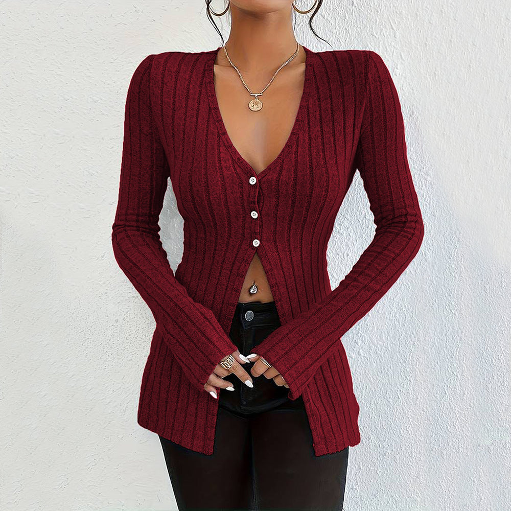 European French-Style V-Neck Long-Sleeve Crop Top For Women