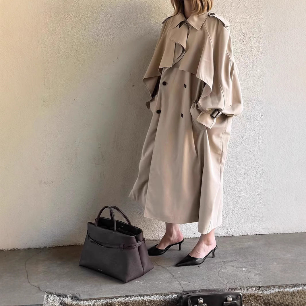 Long Khaki Belted Cape Trench Coat With Dramatic Length