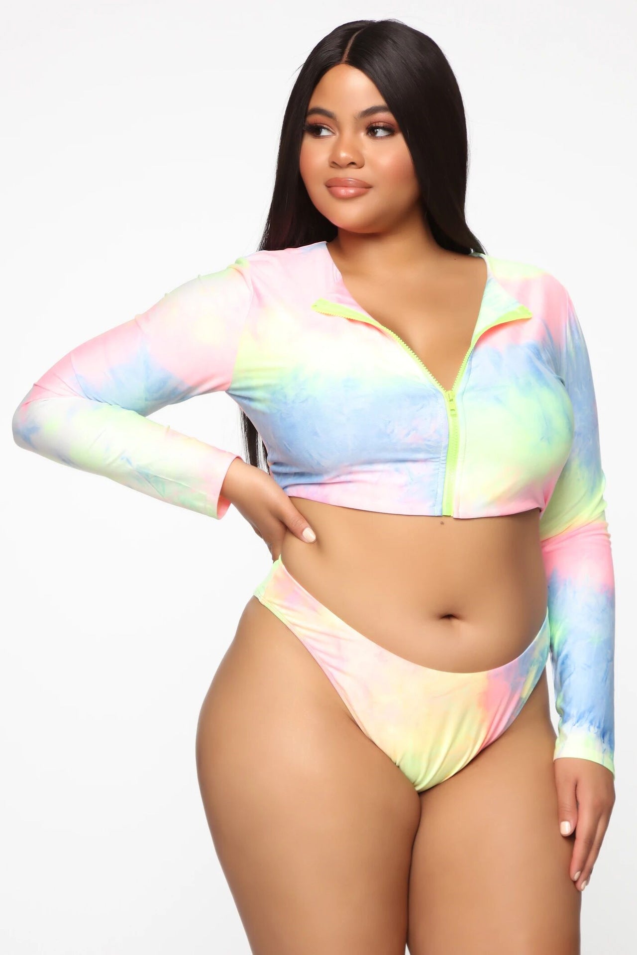 Colorful Plus-Size Zippered Bikini Swimsuit with Long Sleeves-Theone Apparel
