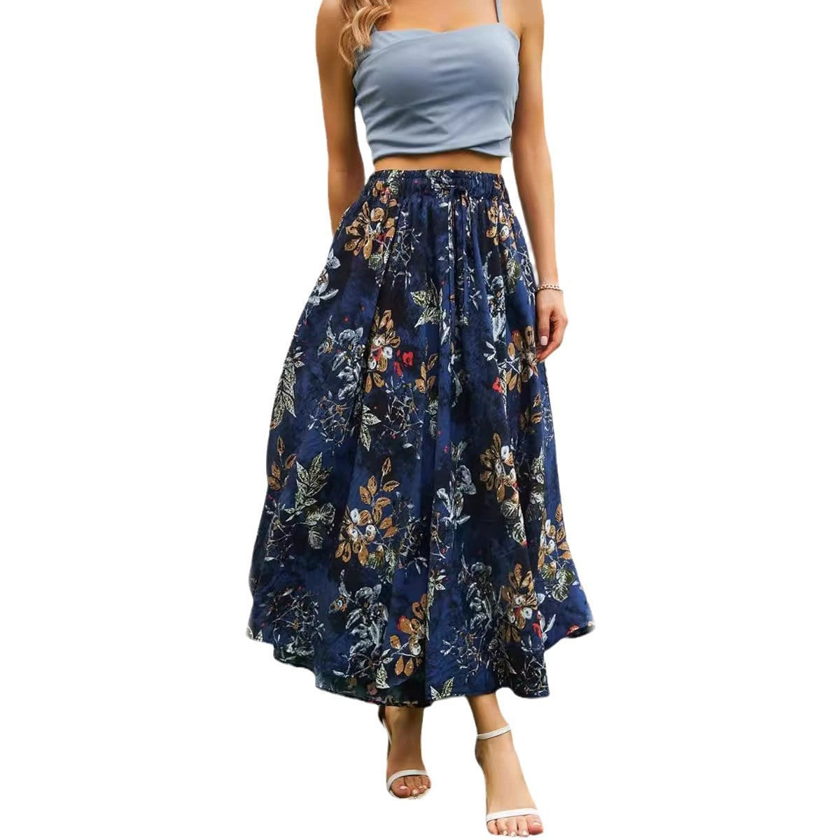High Waist Lace Print Swing Skirt With Double Pockets-Dark Blue-Theone Apparel