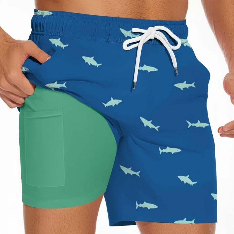 Playful Shark-Illustrated Drawstring Swim Trunks for Beach Fun-Theone Apparel