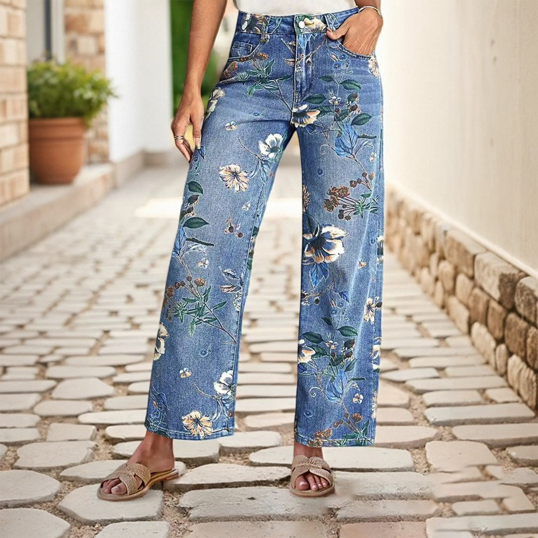 Seasonal Printed Straight-Leg Denim Pants for Artistic Flair-Theone Apparel