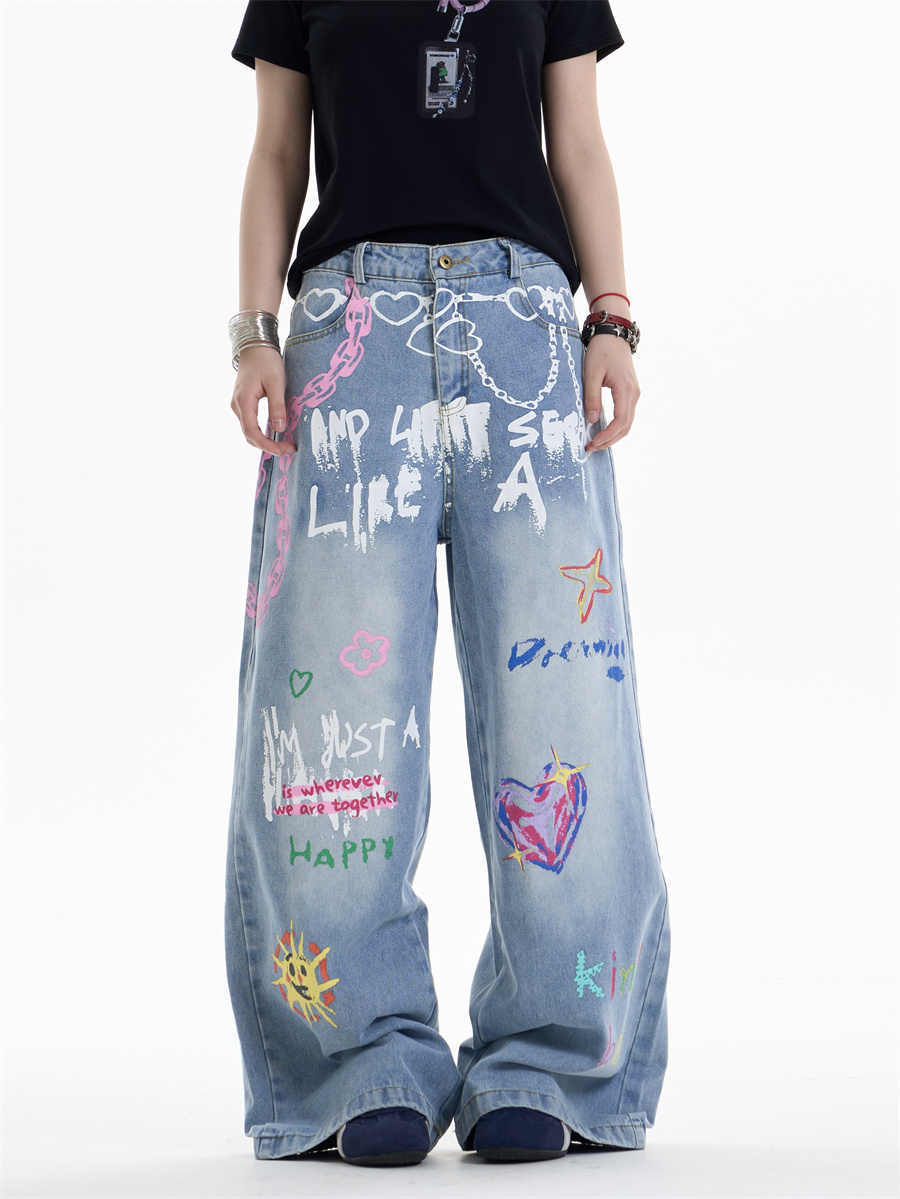 Waist Chain Print Wide-Leg Jeans for Bold Urban Edge-Theone Apparel