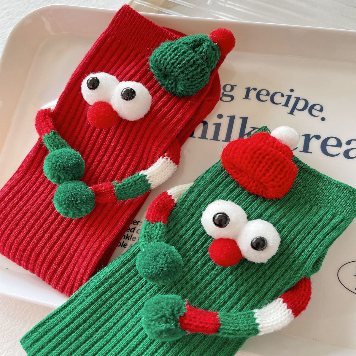 Whimsical Googly Eye 3D Christmas Socks in Red and Green for Kids-Theone Apparel