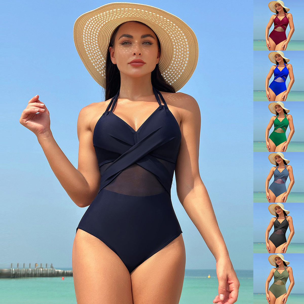 Women's One Piece Swimsuit with Mesh Midriff-Theone Apparel