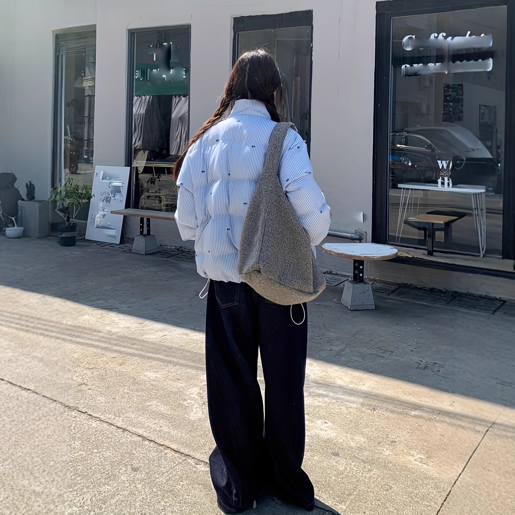 Striped Bow Short Warm Polyester Coat With Bow Detail For Women