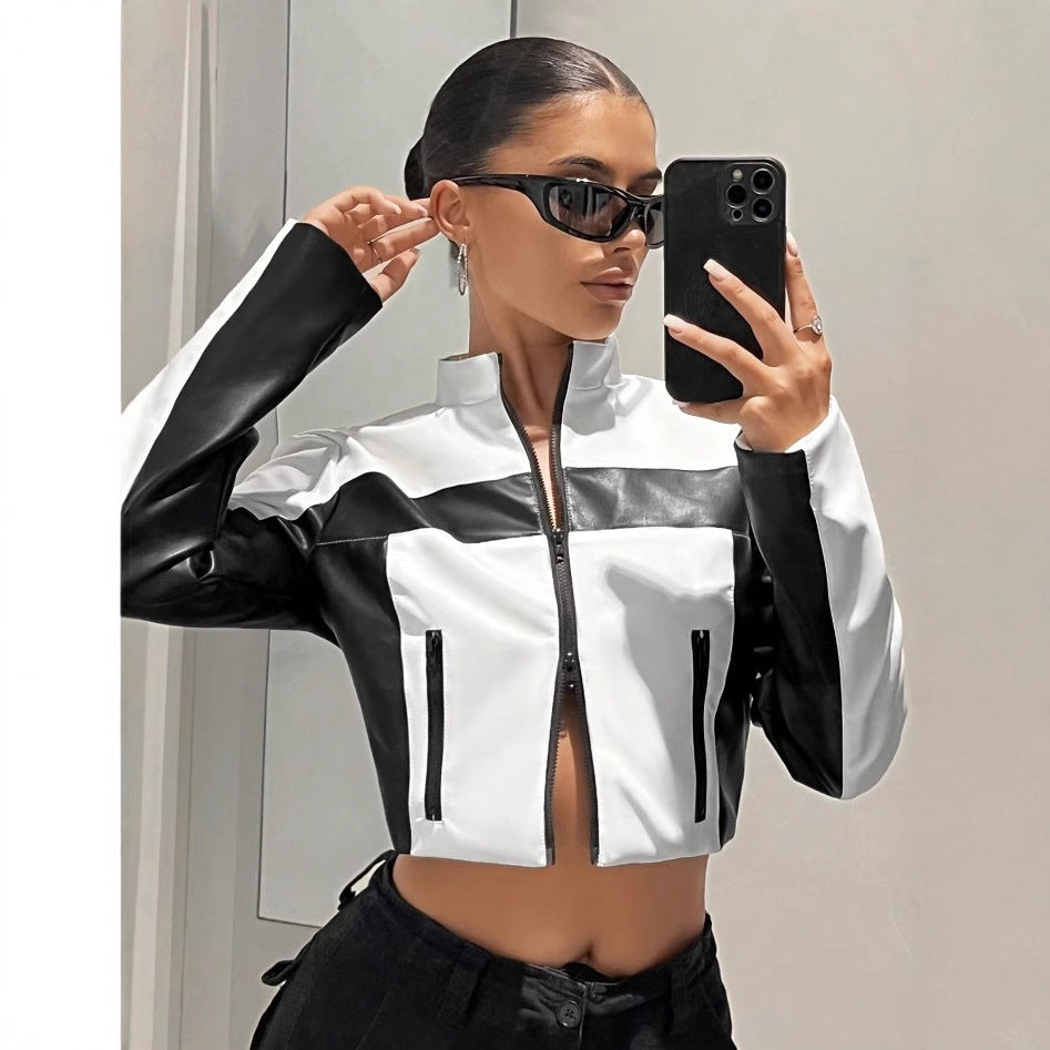 Black And White Contrast Short Slim Zipper Faux Leather Jacket