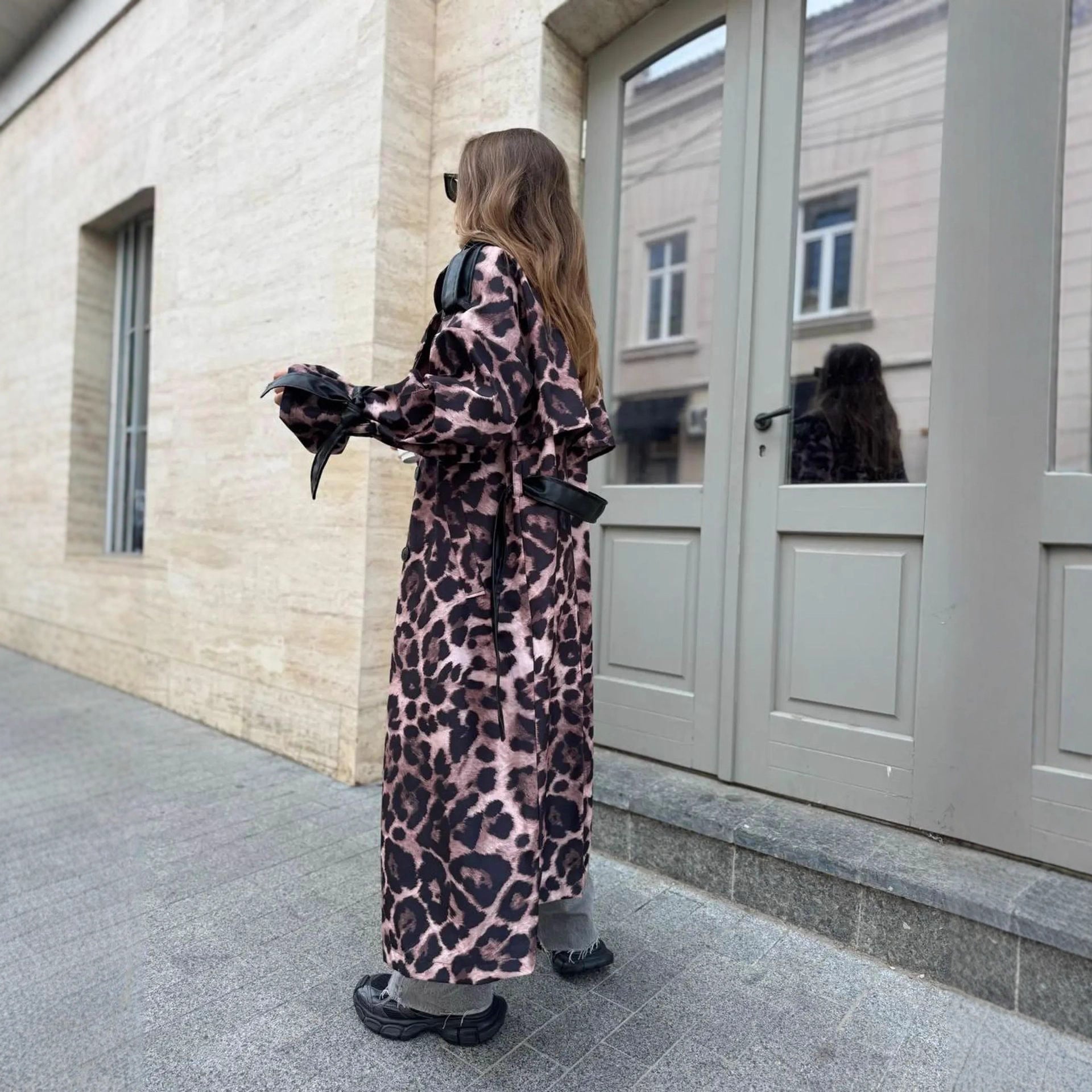 Loose Leopard Print Patchwork Jacket With Casual Leather Look