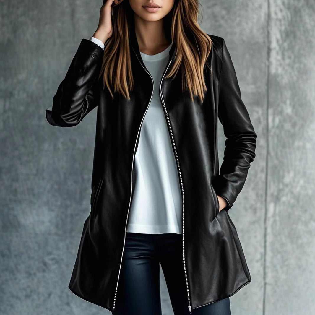 Elegant Mid-Length Black PU Leather Jacket For Women