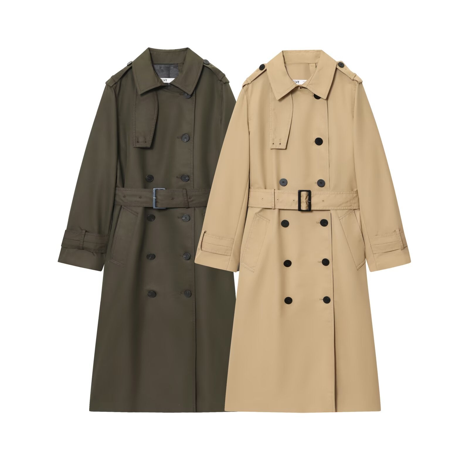 Long Double-Breasted Trench Coat With Drawstring Waist Detail For Commuting
