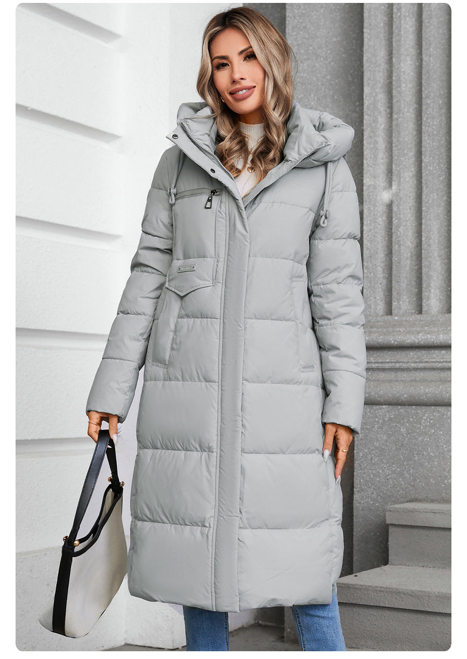 Long Hooded Zip Up Cotton Coat For Elegant Commuter Style