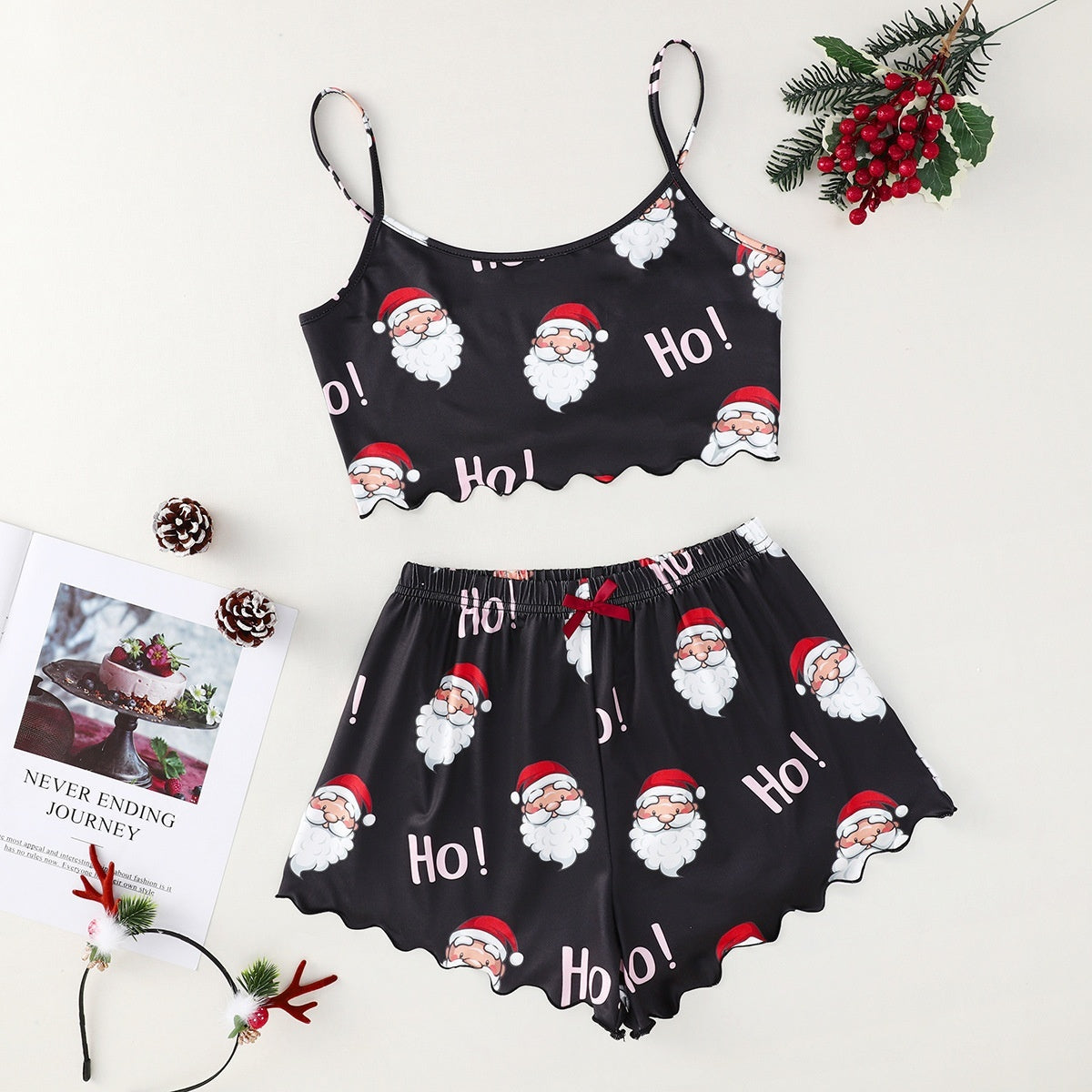 Women's Adorable Two Piece Christmas Pajama Crop Top and Shorts Set