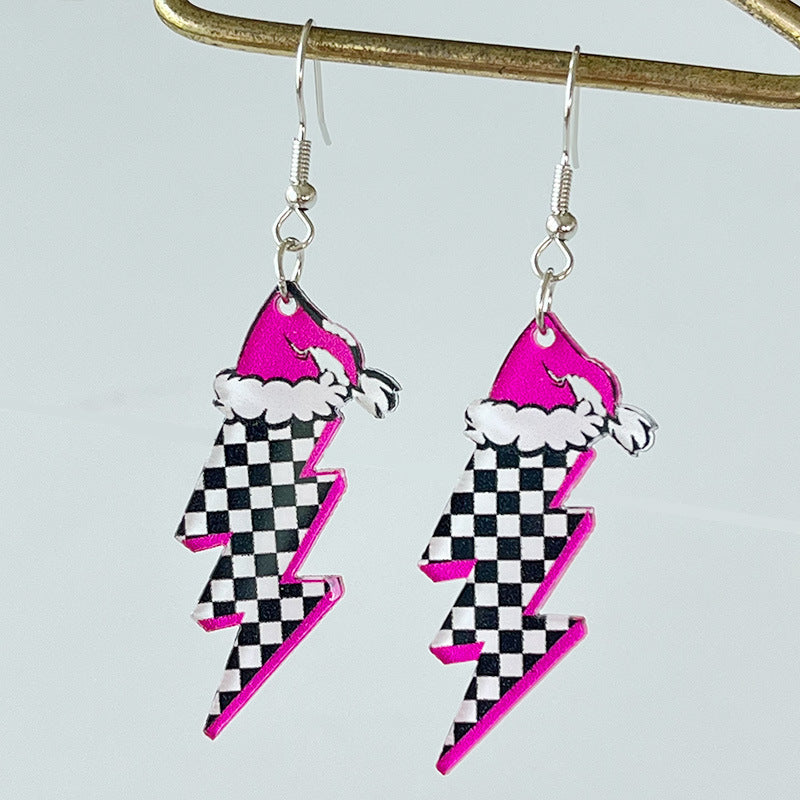 Pink & Checkerboard Retro 1980s-Style Christmas Acrylic Dangle Earrings in Assorted Styles