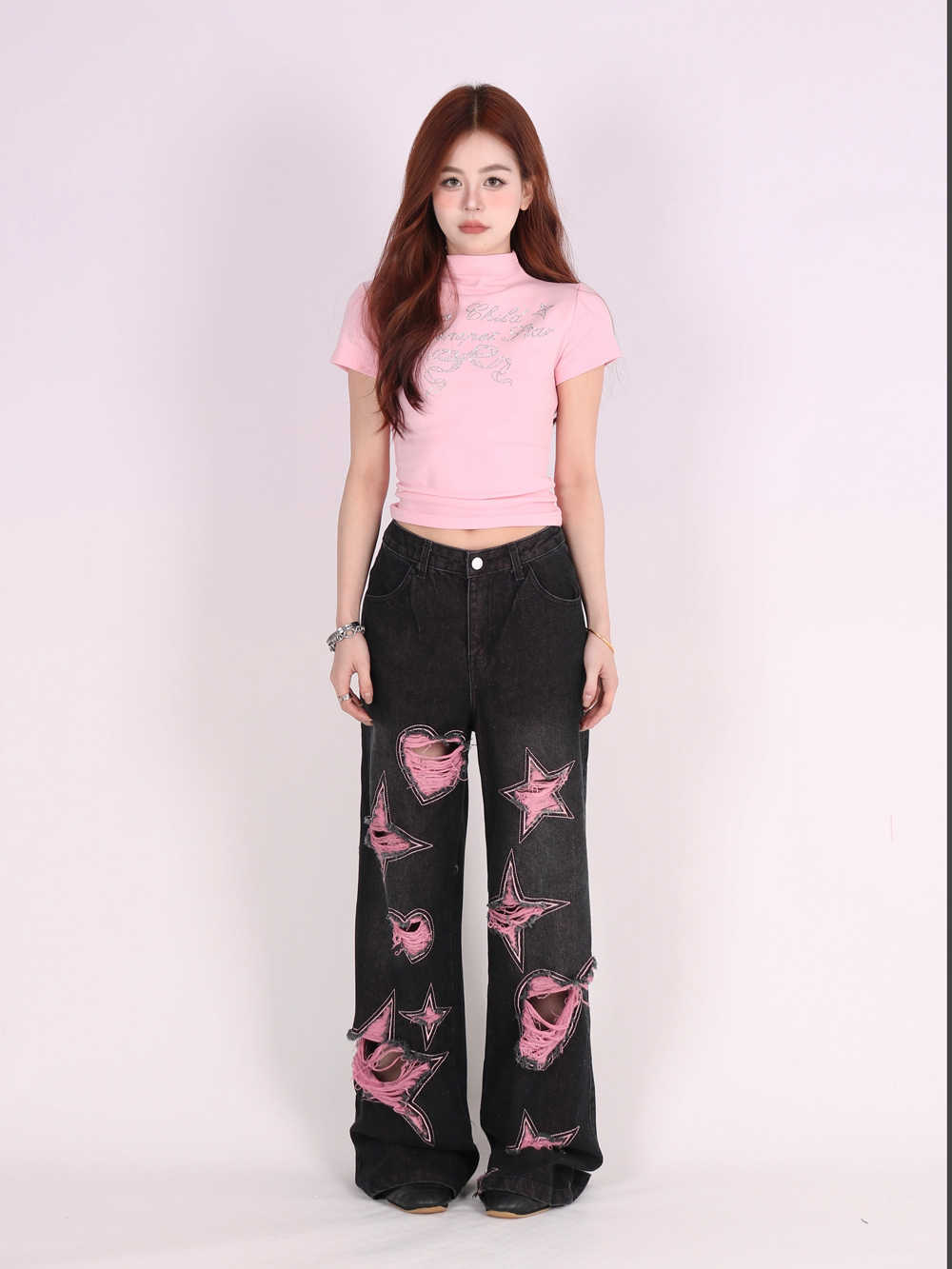 Tattered Wide-Leg Jeans with Retro Love Patchwork
