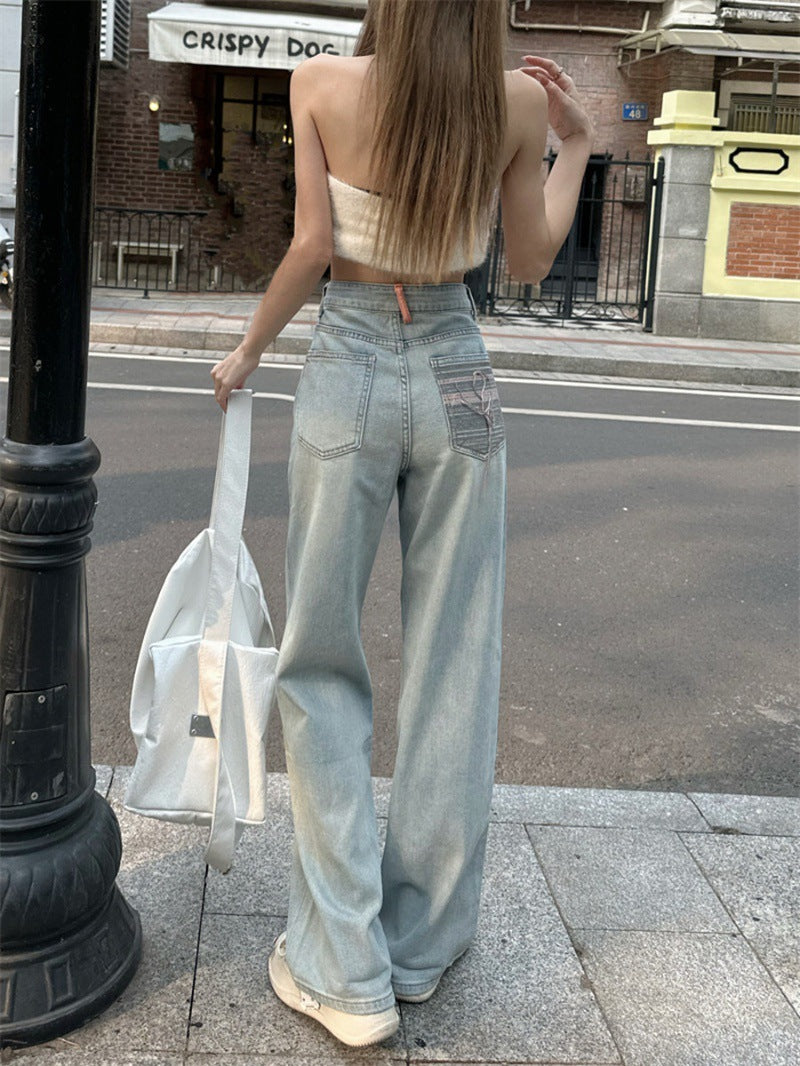 Jeans de perno largo de pernas largas azuis azuis claros