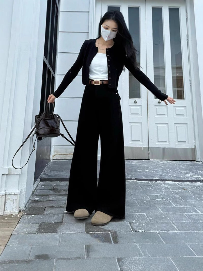 Jeans de perna larga da cintura retro para o estilo cotidiano