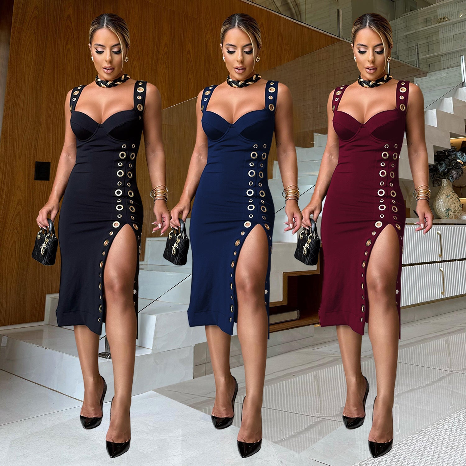 فستان bodycon ذي النحافة المزخرفة بزخارف للبريق المسائي