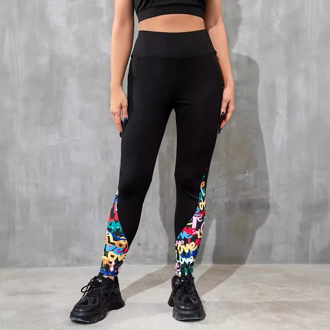 Color Contrast Patchwork Fashion Hip Raise High Waist Tight Sports Yoga Pants Leggings