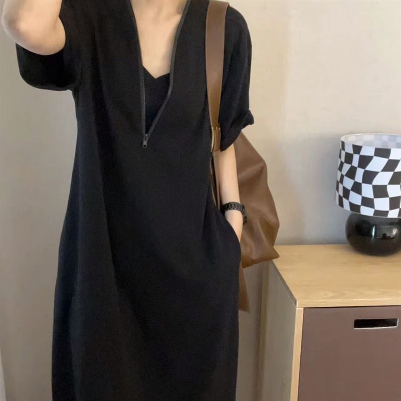 Gaun gaya hepburn retro premium dengan penutupan ritsleting