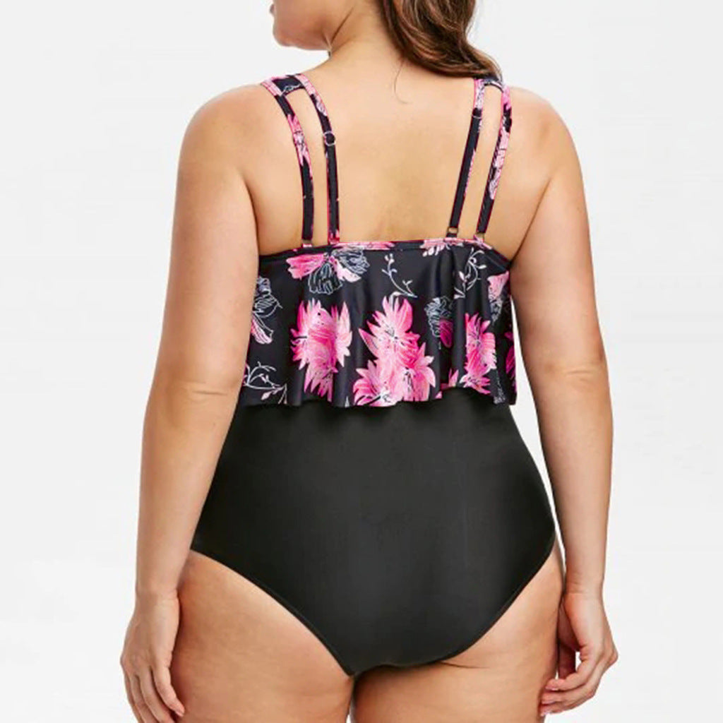 High-Waist Lotus Print One-Piece Swimsuit for Elegant Flair