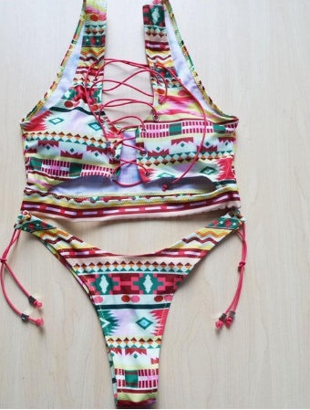 Pineapple Lace-Up Thong Bikini Set for Full-Busted Beach Confidence