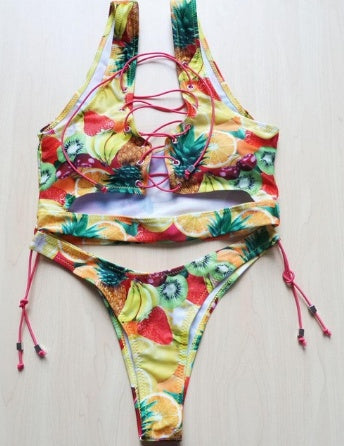 Pineapple Lace-Up Thong Bikini Set for Full-Busted Beach Confidence