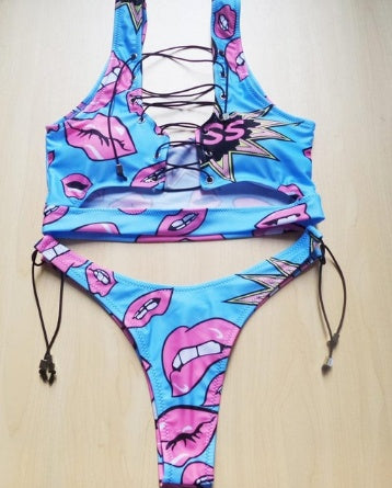 Pineapple Lace-Up Thong Bikini Set for Full-Busted Beach Confidence