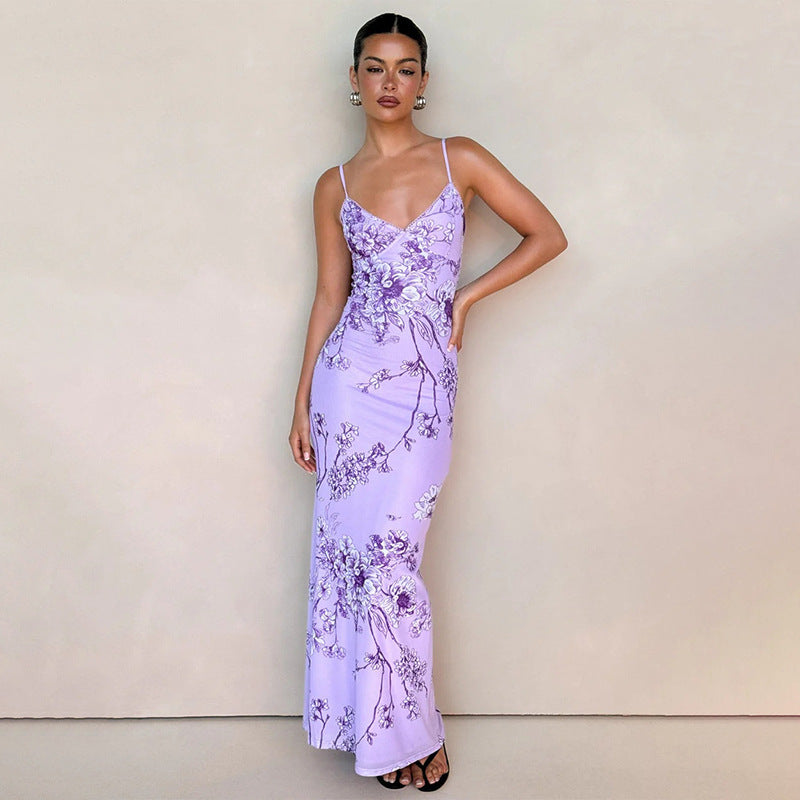 أنيقة V-neck Purple Print Bodycon فستان لحفلات المساء
