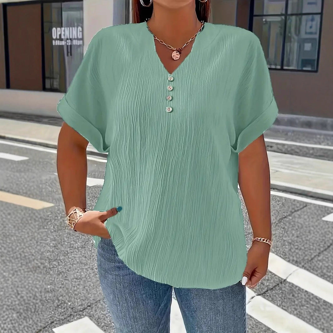Summer Casual Women's Clothing Small V-neck Short-sleeve Top
