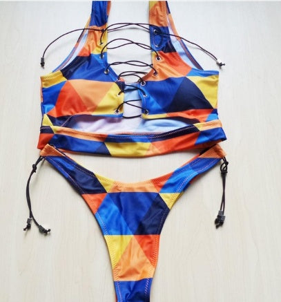 Pineapple Lace-Up Thong Bikini Set for Full-Busted Beach Confidence