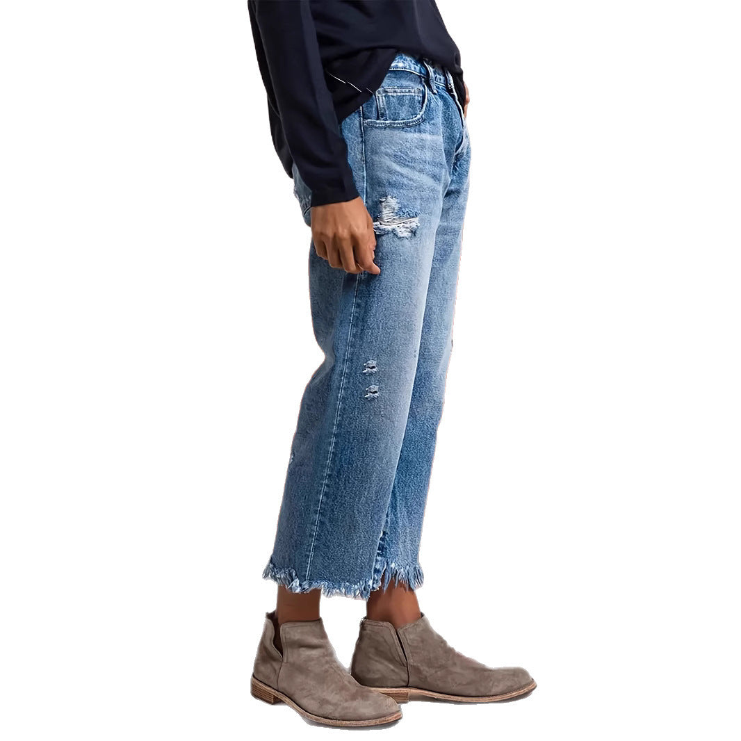 Jeans lurus peregangan robek dengan kenyamanan gerak yang mudah