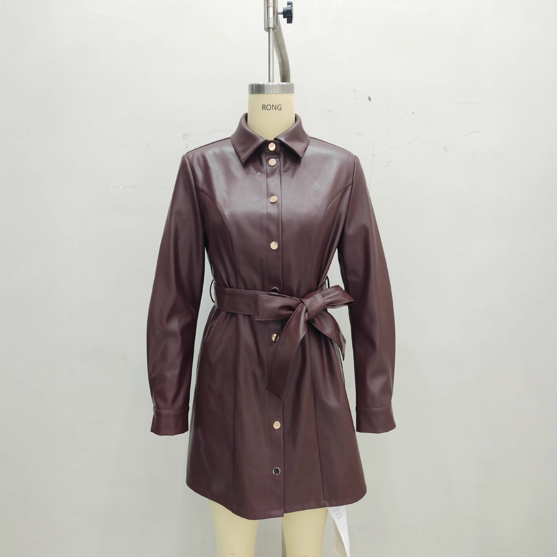 Belted Long-sleeve Leather Trench Fashionable Women's Coat