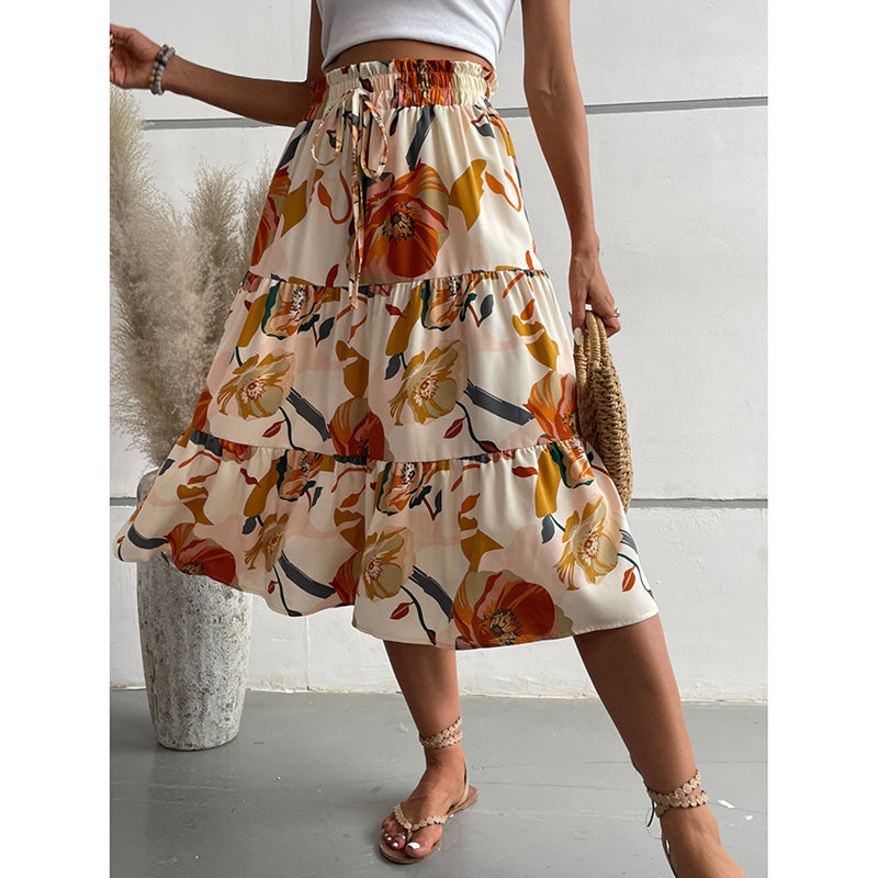 Saia Midi de camada floral com cintura elástica para boho charme