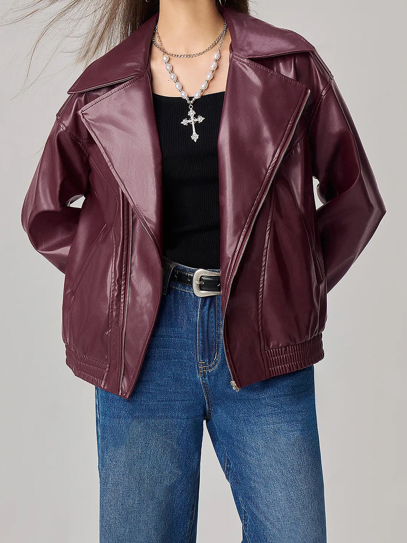 Loose Fit Long Sleeve PU Leather Jacket For Women