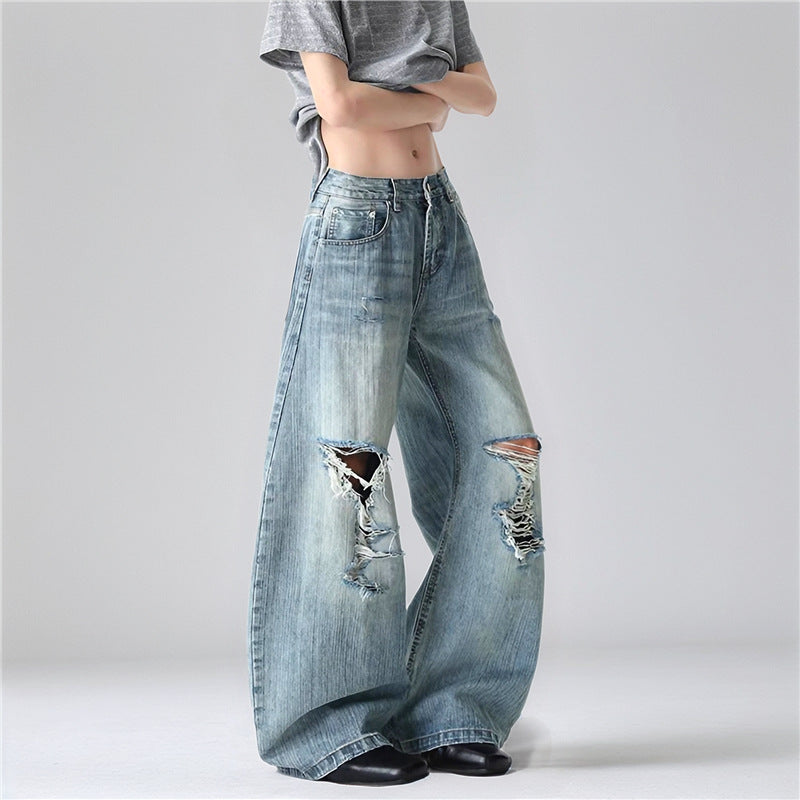 Women's Summer American Washed Bamboo Hole Ripped Jeans Niche Plus Size