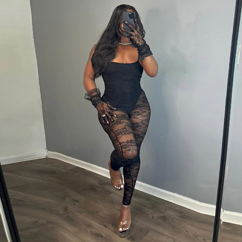 Sexy Women Clothing Sling Style Stitching Sheer Cutout High Elasticity Jumpsuit