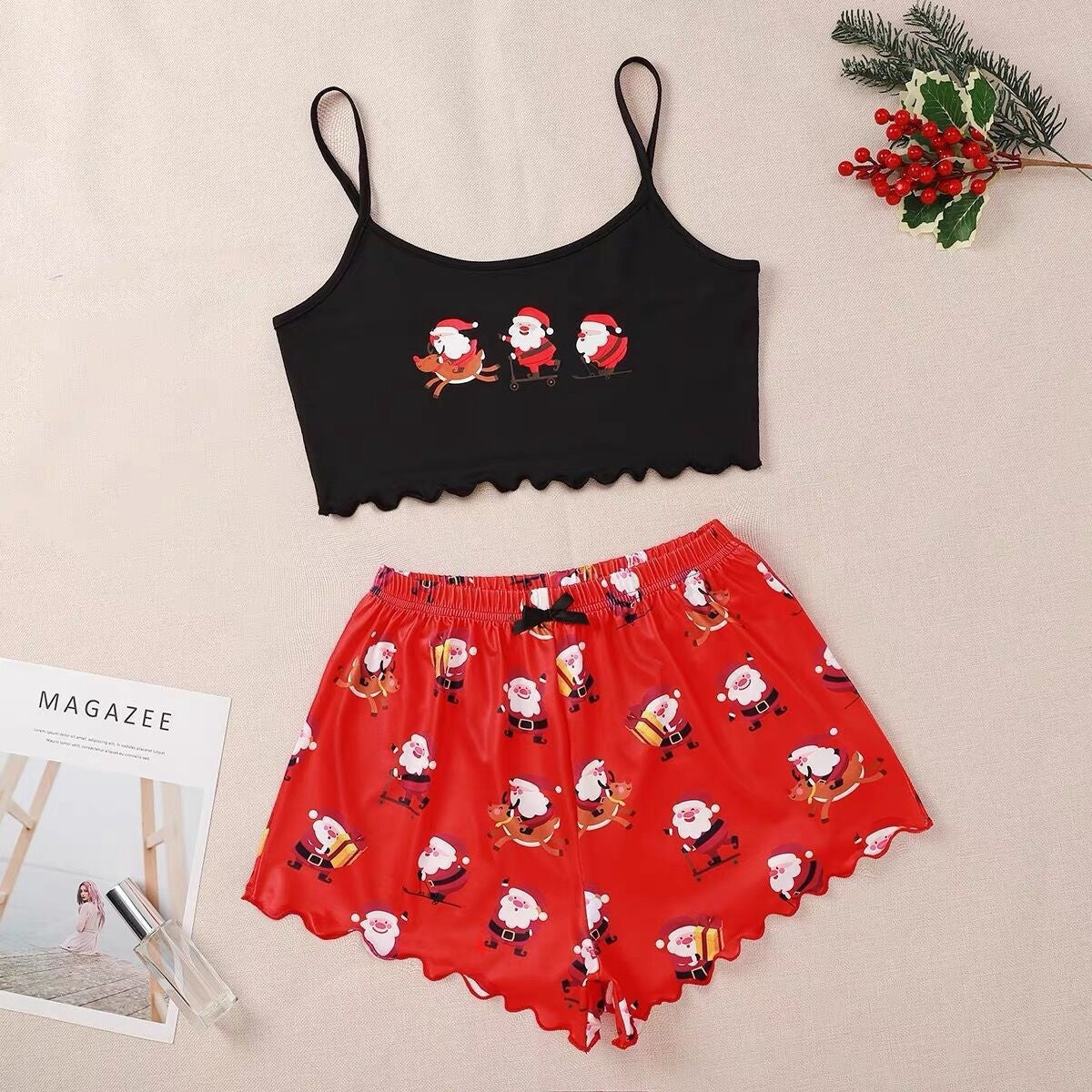 Women's Adorable Two Piece Christmas Pajama Crop Top and Shorts Set