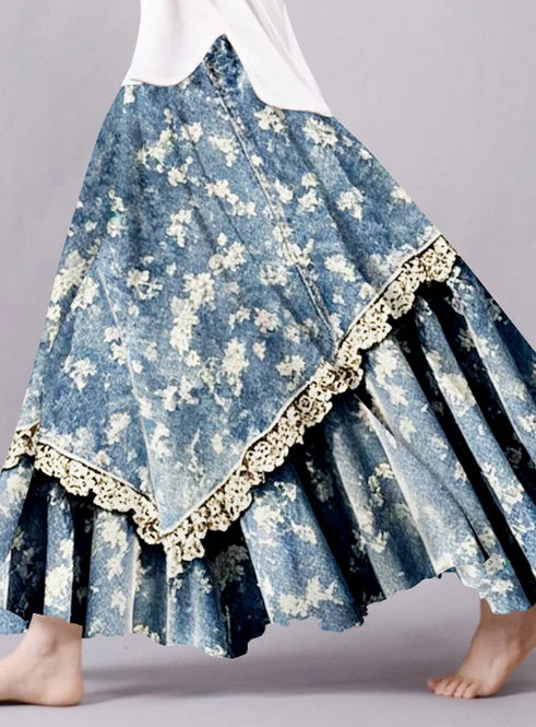 復古花邊蕾絲拼布Midi Skirt for Artistic風格