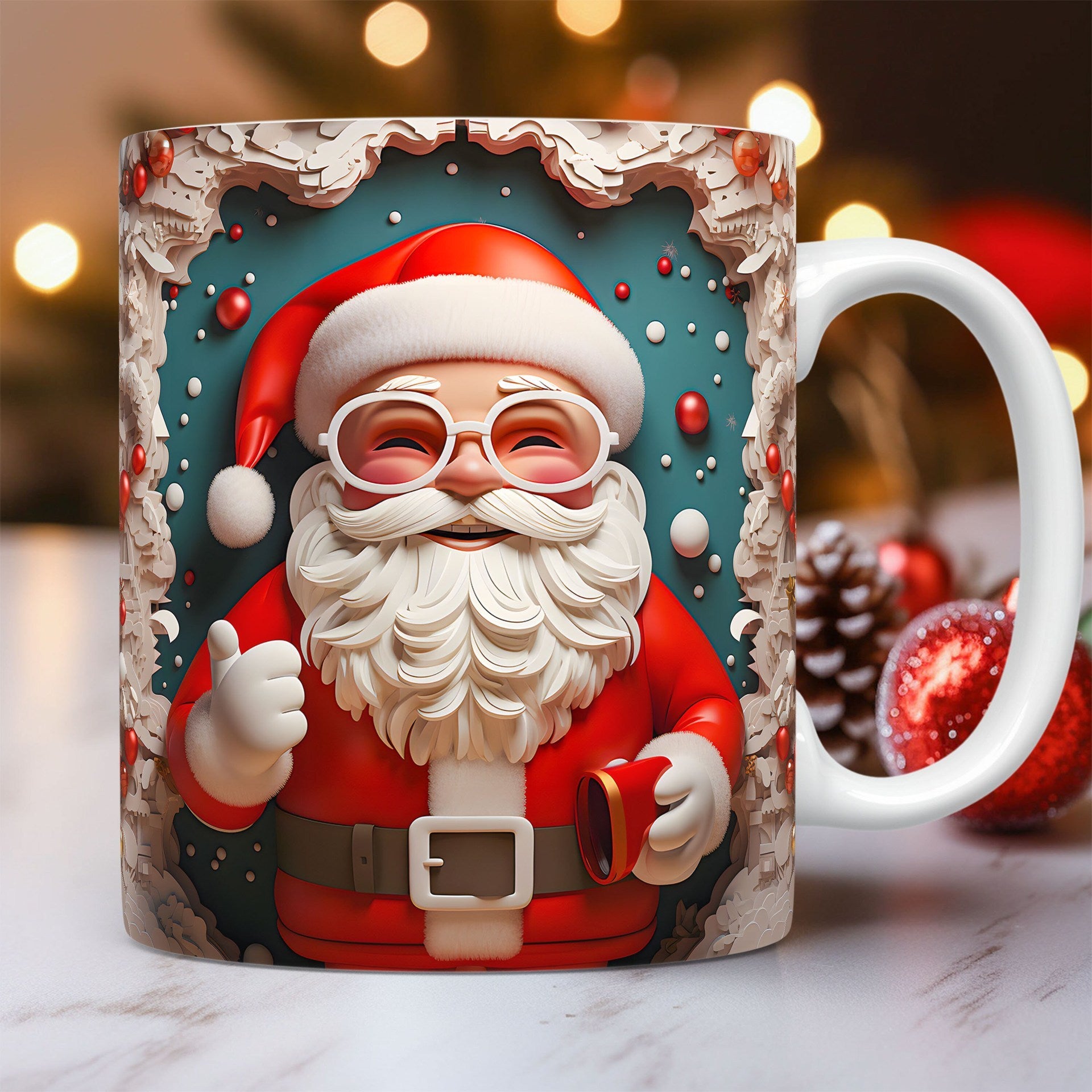 Christmas Op Art 3D Illusion Santa Claus Ceramic Coffee Mug in Assorted Colors