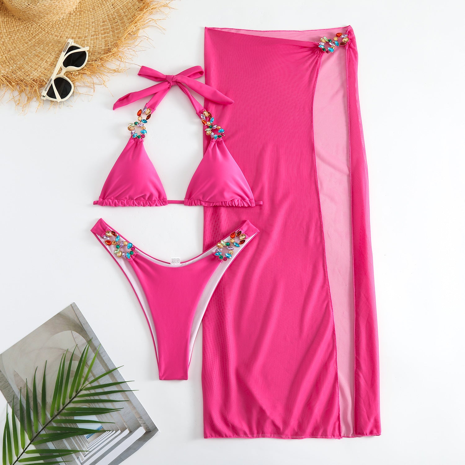 Leichtes Diamantgitter dreiteiliger Bikini mit langem Rock