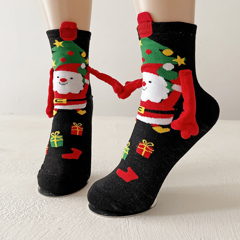 Cute Magnetic Hand Holding Christmas Themed Ankle Socks for Couples