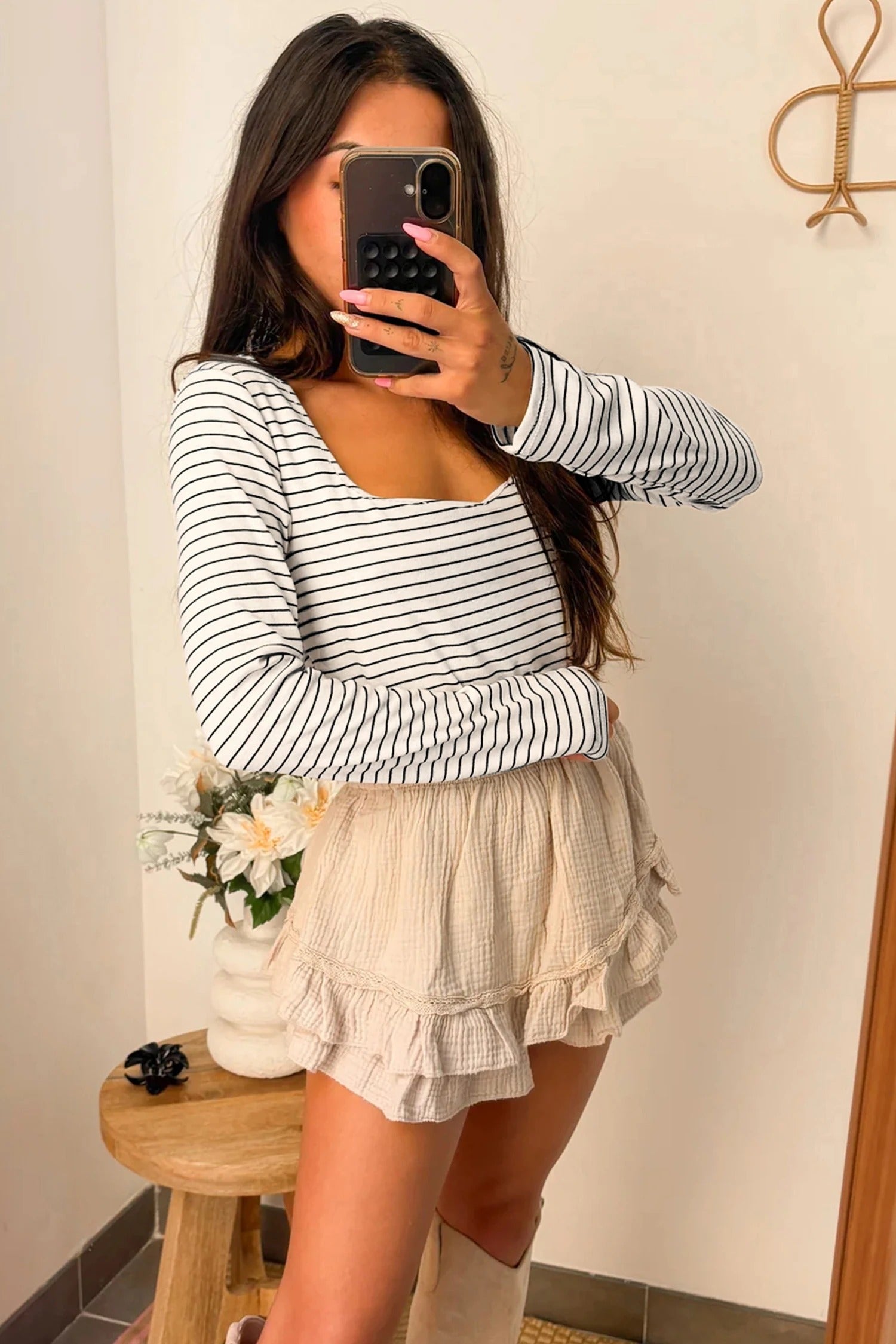 Women's Striped Slim-fit U-neck Long-sleeve Top