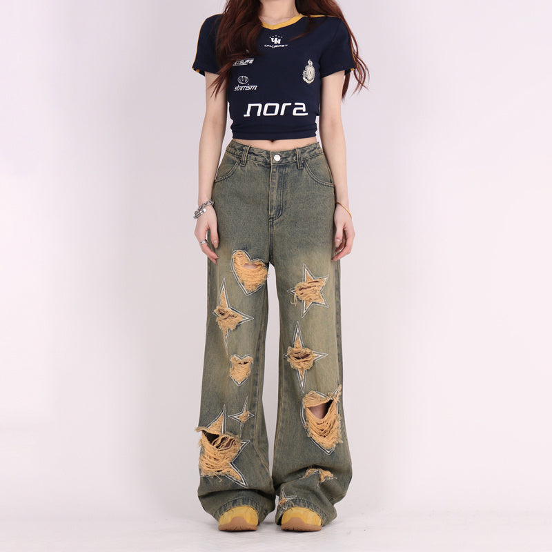Tattered Wide-Leg Jeans with Retro Love Patchwork