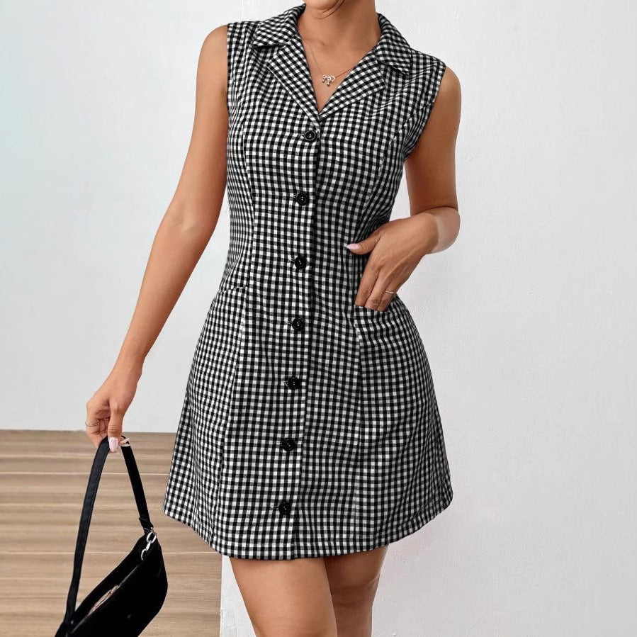 Chic French Plaid Plaid Lapel -Kleid mit Vintage Retro Allure