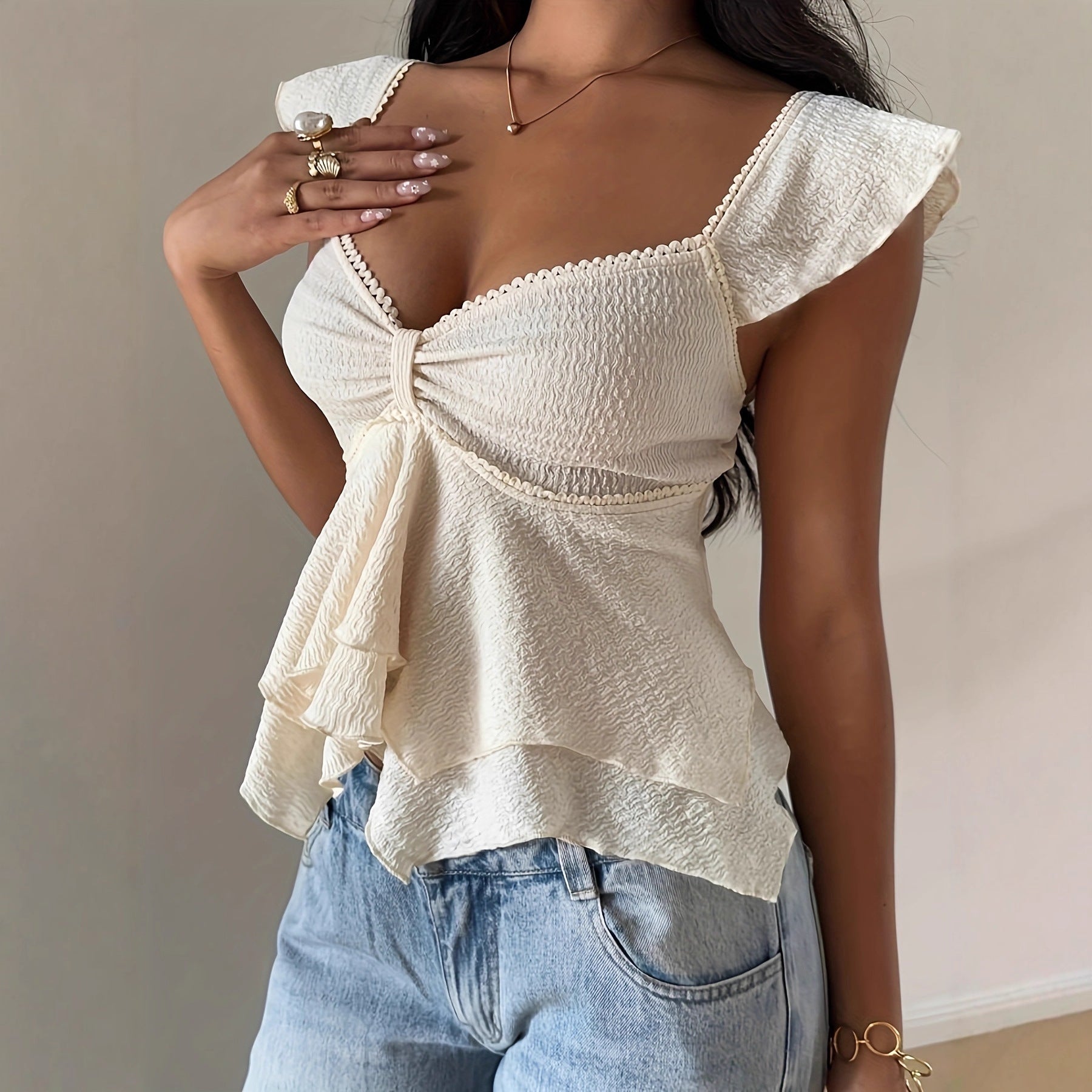 V-neck Ruffled Women's Elegant Asymmetrical Top