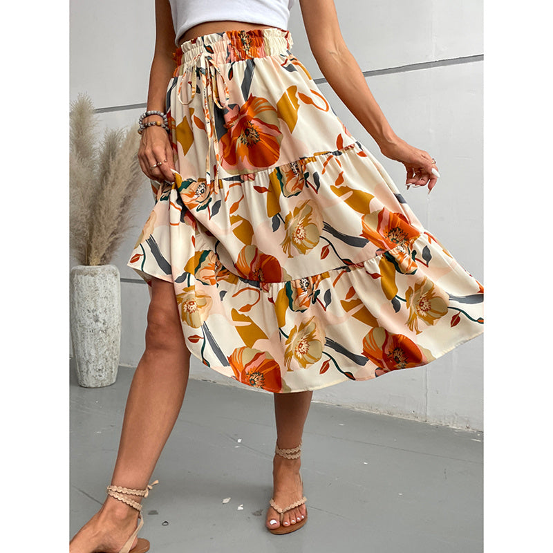 Saia Midi de camada floral com cintura elástica para boho charme