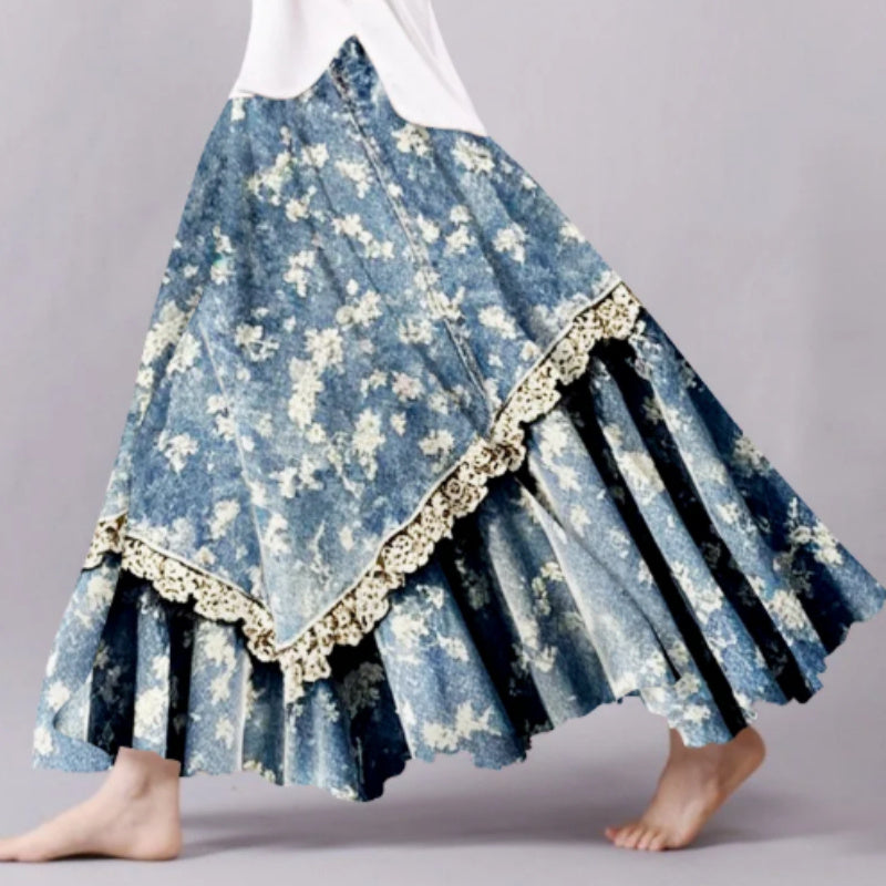 復古花邊蕾絲拼布Midi Skirt for Artistic風格