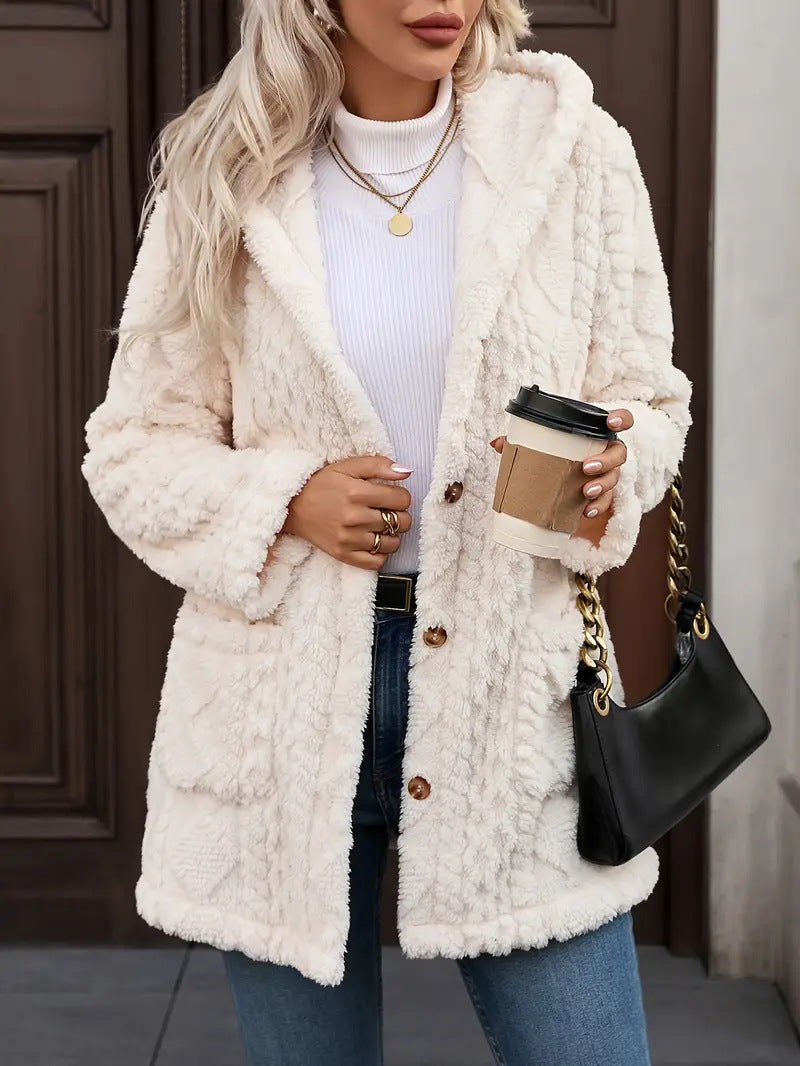 Beige Faux-Fur Lapel Coat For Women Elegant